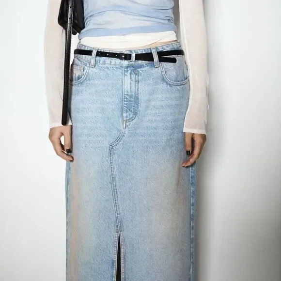 ZARA Z1975 PINK WASHED SLIT DENIM SKIRT - Picture 10 of 13